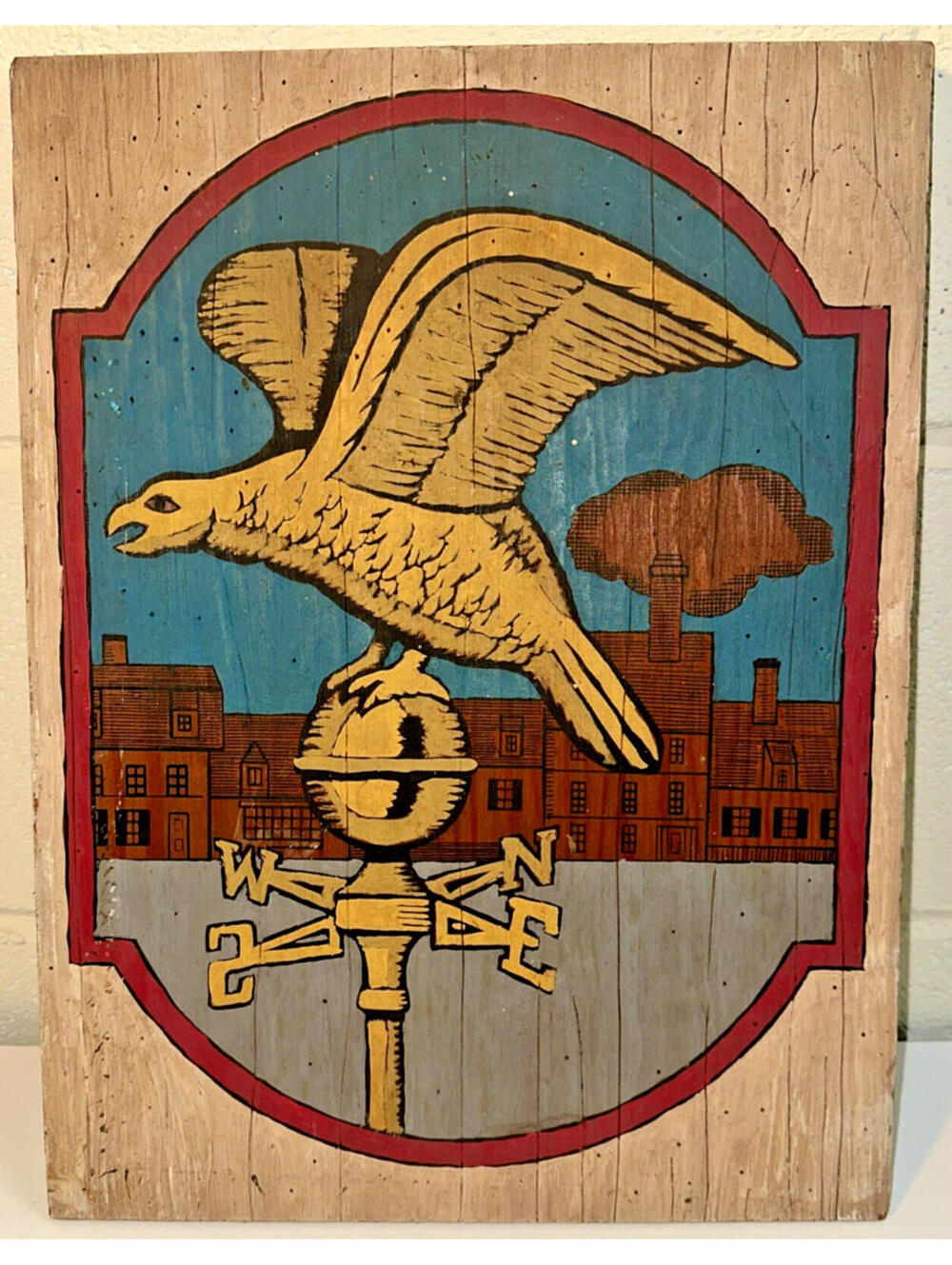 Vintage Eagle on Weathervane Painted Wooden Folk Art Sign 16"x12" Ready to hang
